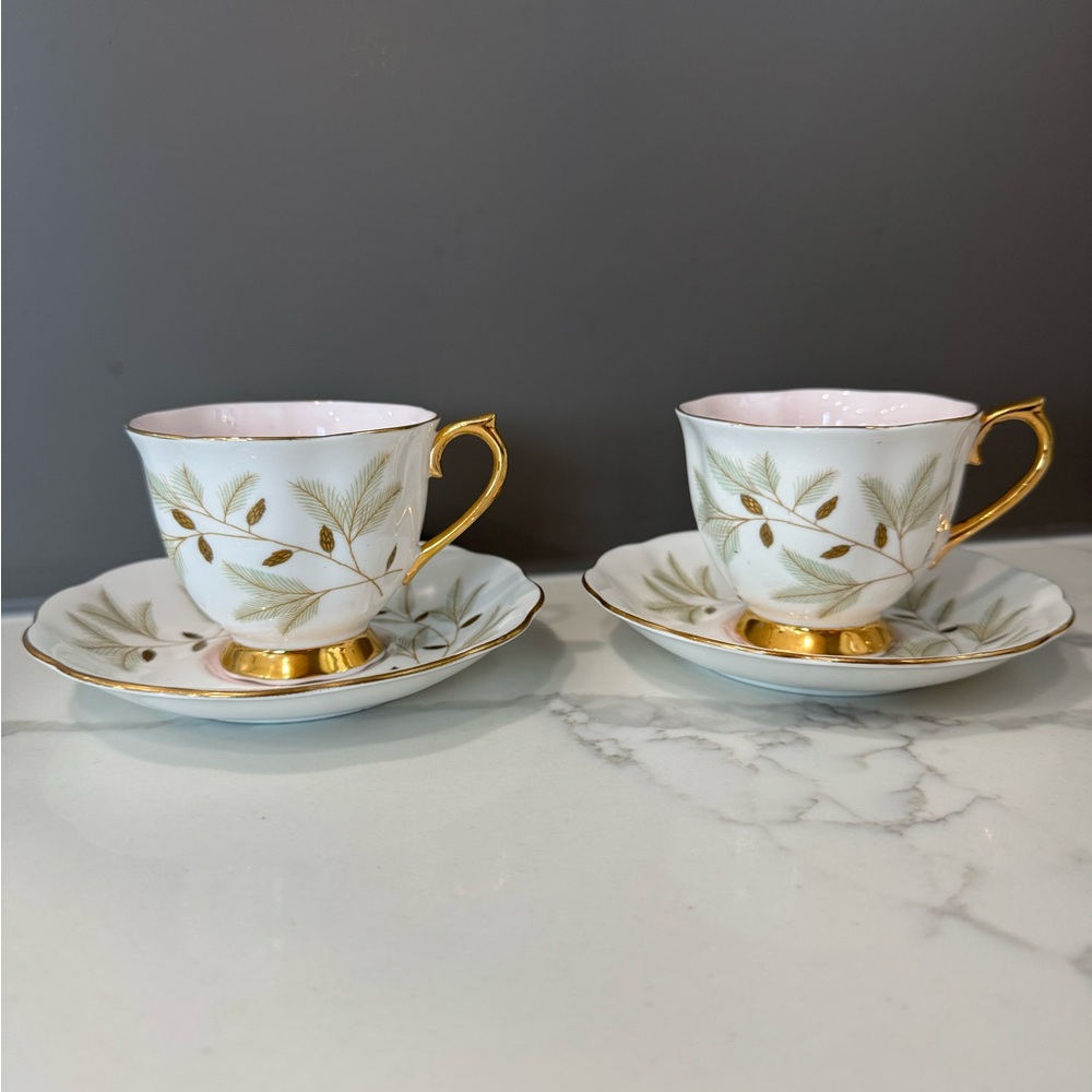 Royal Albert Braemar Teacups & Saucers Pair | Pink Lined Bone China | England